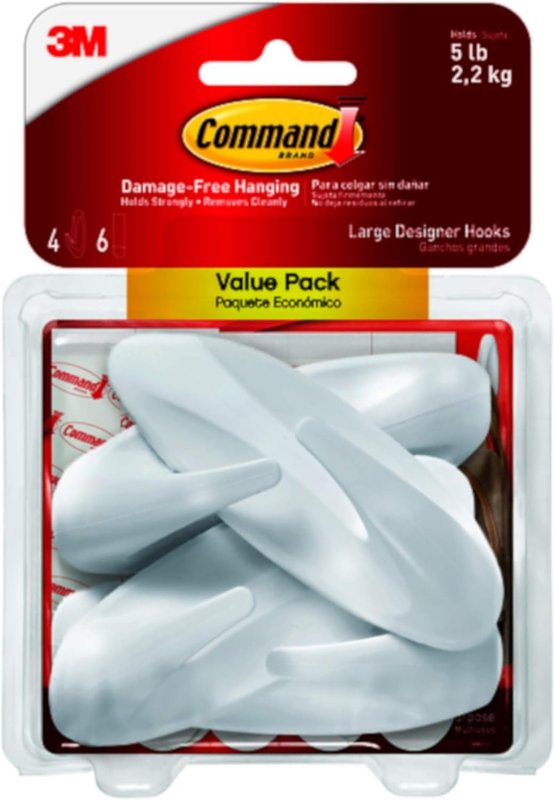 COMMAND Command 17083-4ES Large Designer Hook, 5 lb, 4-Hook, Plastic, White