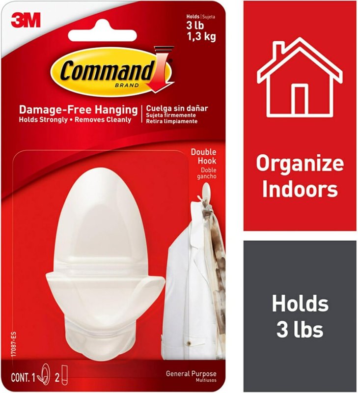 COMMAND Command 17087-ES Medium Double Hook, 3 lb, 2-Hook, Plastic, White, Unfinished ELECTRICAL COMMAND