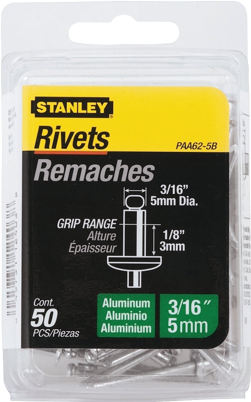 STANLEY STANLEY PAA62-5B Pop Rivet, Reusable, 1/8 in Grip, 3/16, 1-1/2 in L, Aluminum, 50/PK