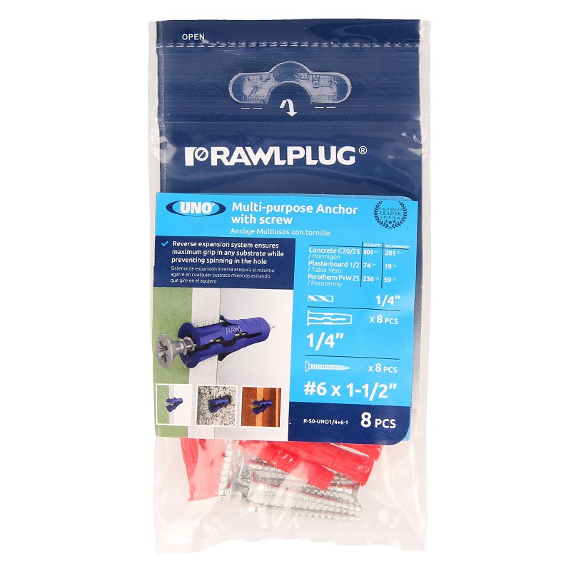 RAWLPLUG INC Rawlplug Rawl Uno Series R-S0-UNO1/4+6-1 Multi-Purpose Anchor, 13 mm Thread, 1-1/4 in L, Polypropylene HARDWARE & FARM SUPPLIES RAWLPLUG INC