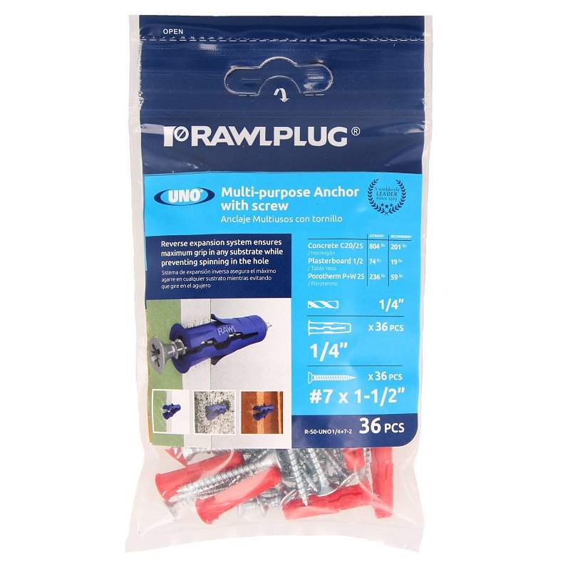 RAWLPLUG INC Rawlplug R-S0-UNO1/4+7-2 Drywall Anchor, 28 mm L, Nylon, 20 to 160 lb