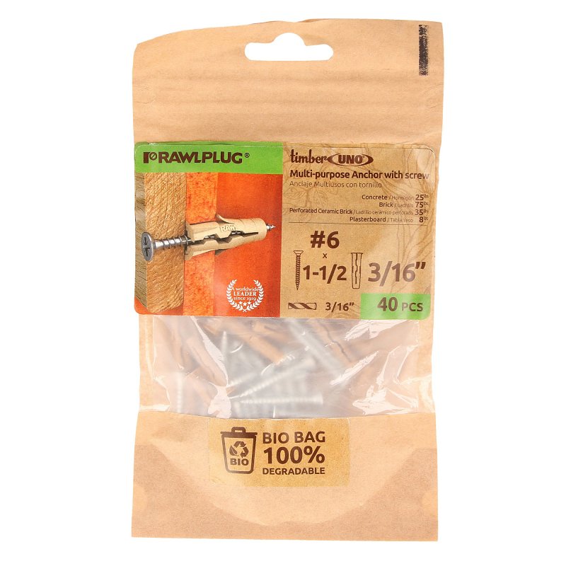 RAWLPLUG INC Rawlplug UNO Series R-BIO-UNOT3/16+6- Drywall Anchor, 24 mm L, Polypropylene/Recycled Timber, 15 to 120 lb