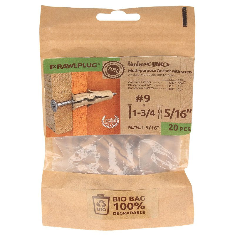 RAWLPLUG INC Rawlplug UNO Series R-BIO-UNOT5/16+9- Drywall Anchor, 32 mm L, Polypropylene/Recycled Timber, 30 to 190 lb