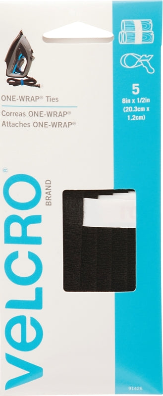 VELCRO BRAND VELCRO Brand One Wrap 91426 Hook and Loop Fastener, 1/2 in W, 8 in L, Velcro, Black