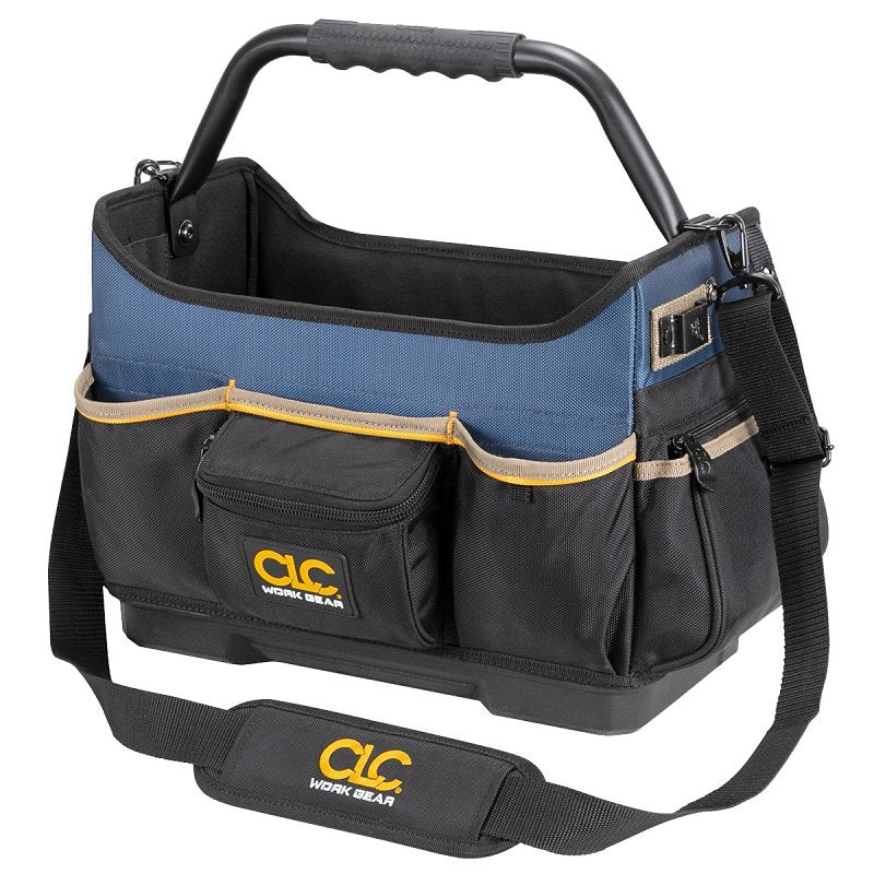 HULTAFORS CLC TOOL WORKS PB1580 Molded-Base Open Top Tool Bag, 15 in W, 8 in D, 12 in H, 17-Pocket, Polyester, Black/Blue