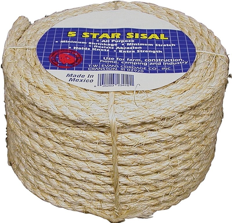 TW EVANS CORDAGE T.W. Evans Cordage 23-205 Rope, 1/4 in Dia, 50 ft L, 900 lb Working Load, Sisal