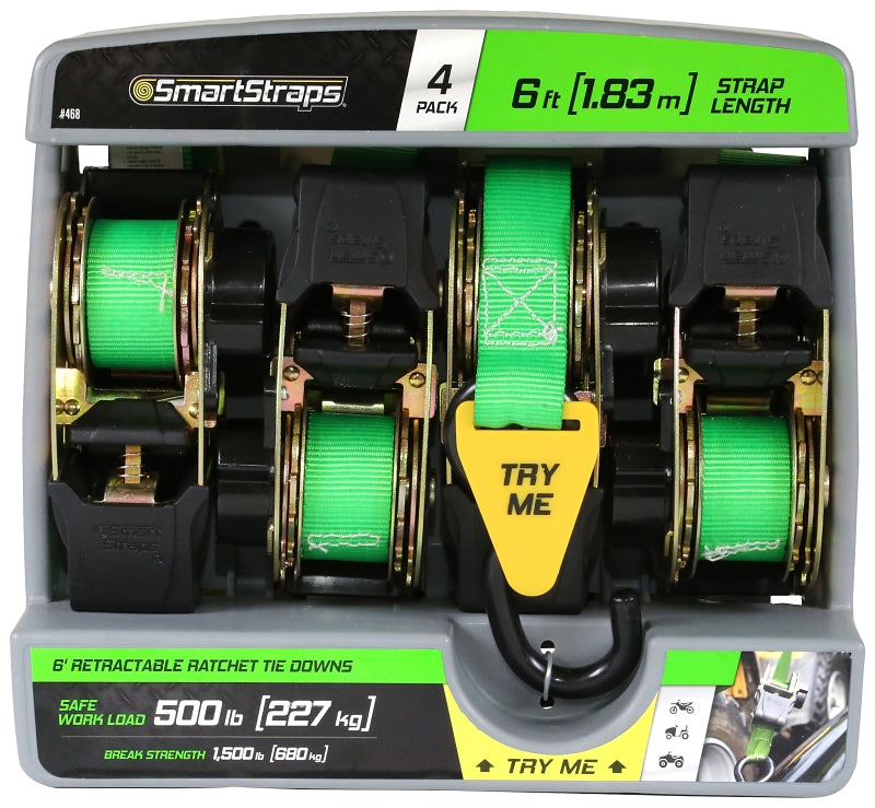 SMARTSTRAP SmartStrap 468 Tie-Down, 1 in W, 6 ft L, Green, 500 lb, S-Hook End Fitting, Steel End Fitting