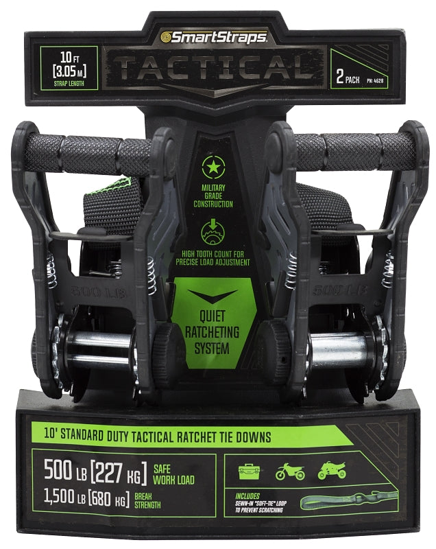 SMARTSTRAP SmartStrap 4628 Tactical Tie-Down, 1 in W, 10 ft L, Polyester/Plastic/Steel, Gray, 1500 lb, S Hook End Fitting