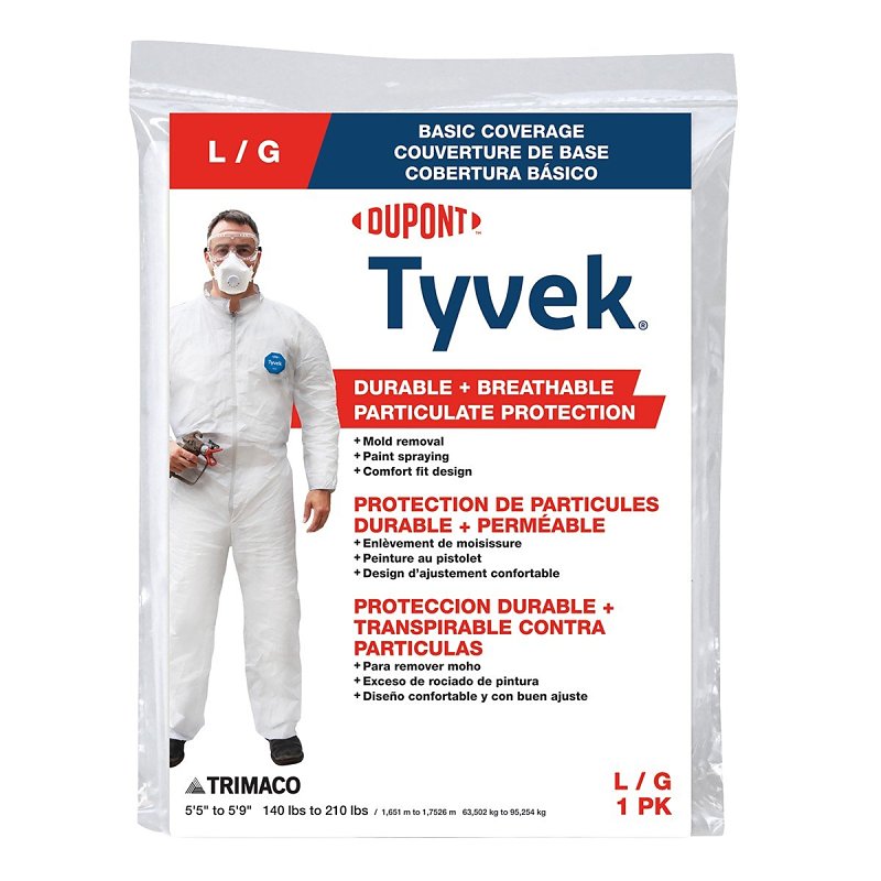 TRIMACO Trimaco 14122 Professional Painter's Coverall, L, Zipper Closure, Tyvek, White