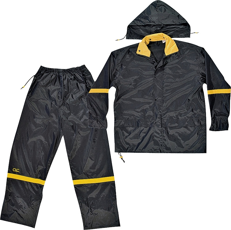 HULTAFORS CLC R1032X Rain Suit, 2XL, 190T Nylon, Black/Yellow, Detachable Collar, Zipper Closure