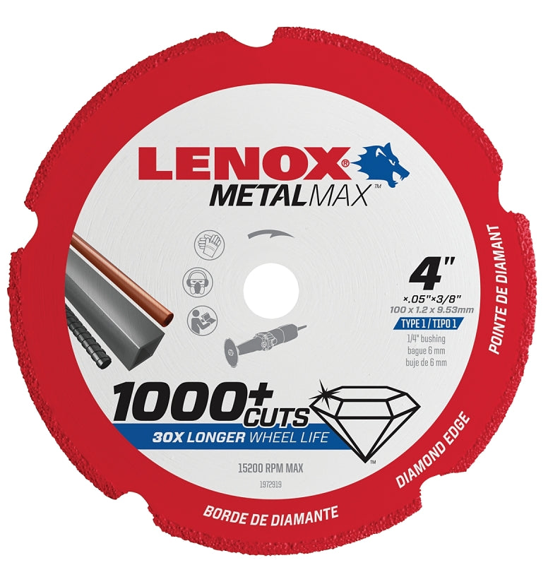 LENOX Lenox MetalMax 1972919 Cut-Off Wheel, 4 in Dia, 3/64 in Thick, 3/8 in Arbor, 40, 50 Grit, Diamond Abrasive