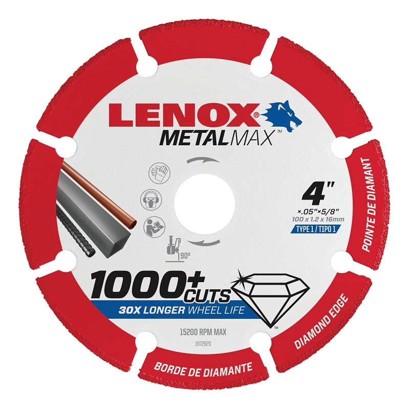 LENOX Lenox MetalMax 1972920 Cut-Off Wheel, 4 in Dia, 3/64 in Thick, 5/8 in Arbor, 40, 50 Grit, Diamond Abrasive