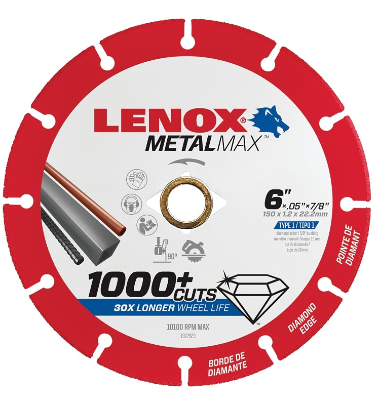 LENOX Lenox MetalMax 1972923 Cut-Off Wheel, 6 in Dia, 3/64 in Thick, 7/8 in Arbor, 40, 50 Grit, Diamond Abrasive