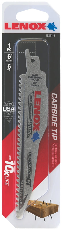LENOX Lenox Demolition CT 1832118 Reciprocating Saw Blade, 1 in W, 6 in L, 6 TPI, Carbide Cutting Edge TOOLS LENOX