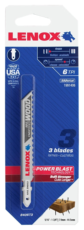 LENOX Lenox 1991406 Jig Saw Blade, 3/8 in W, 6 TPI, 4 in L, 3/PK