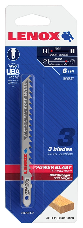 LENOX Lenox 1990847 Jig Saw Blade, 5/16 in W, 4 in L, 6 TPI, 0.058 in Thick, 3/PK