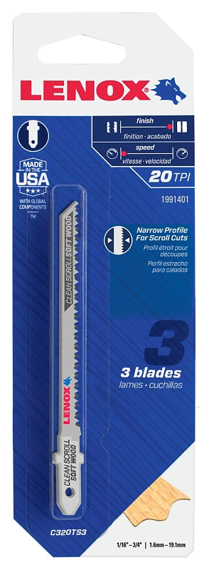 LENOX Lenox 1991401 Jig Saw Blade, 7/32 in W, 3-1/2 in L, 20 TPI