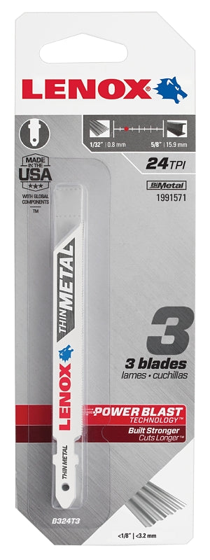 LENOX Lenox 1991571 Jig Saw Blade, 3/8 in W, 3-5/8 in L, 24 TPI, 0.037 in Thick, 3/PK TOOLS LENOX