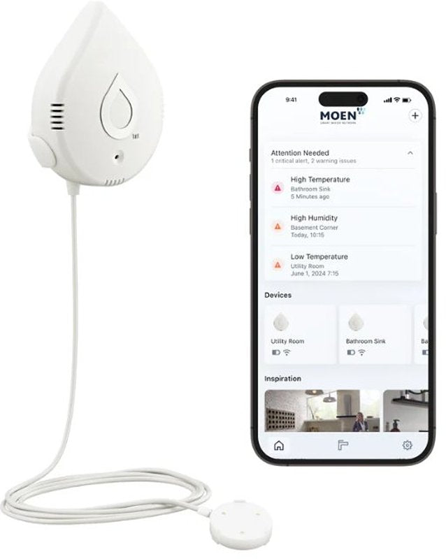 MOEN Moen 920-004 Smart Leak Detector, 3 V, Alarm Sensor, 4 ft Detection, Alarm: Audible, Floor, Wall, White ELECTRICAL MOEN
