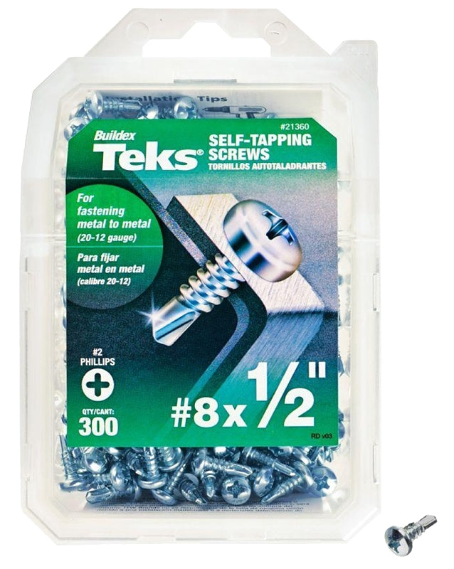 TEKS Teks 21360 Screw, #8 Thread, 1/2 in L, Coarse Thread, Pan Head, Phillips Drive, Self-Drilling, Self-Tapping Point