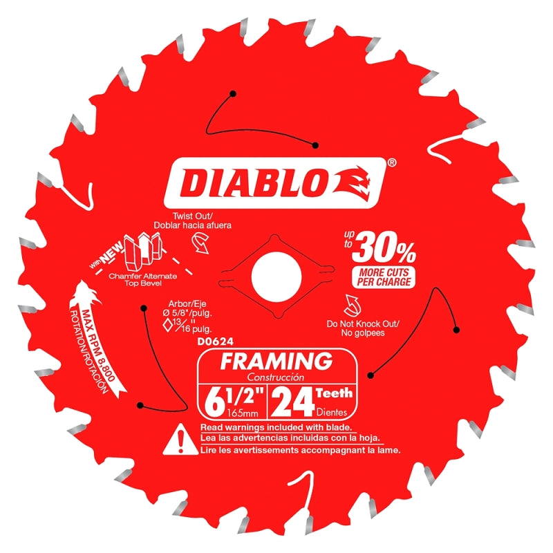 DIABLO Diablo D0624X3 Framing Saw Blade, 6-1/2 in Dia, 5/8 in Arbor, 24-Teeth, Carbide Cutting Edge TOOLS DIABLO