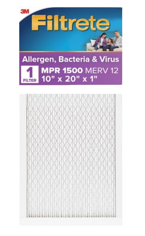FILTRETE Filtrete 2007DC-4 Air Filter, 20 in L, 10 in W, 12 MERV, 1500 MPR, For: Air Conditioner, Furnace and HVAC System