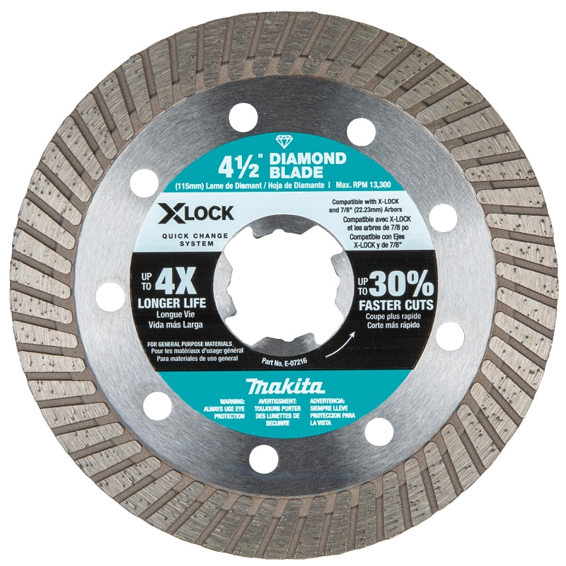 MAKITA Makita X-LOCK E-07216 Series Blade, Diamond Blade, 4-1/2 in Dia, 7/8 in Arbor, Turbo Rim