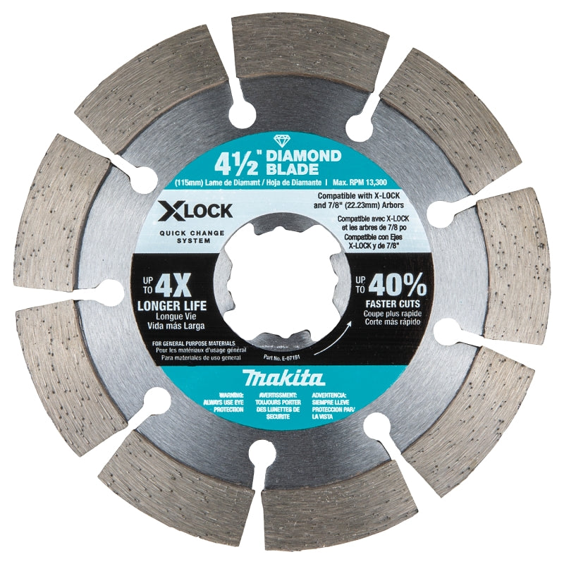 MAKITA Makita X-LOCK E-07191 Series Blade, Diamond Blade, 4-1/2 in Dia, 7/8 in Arbor, Segmented Rim