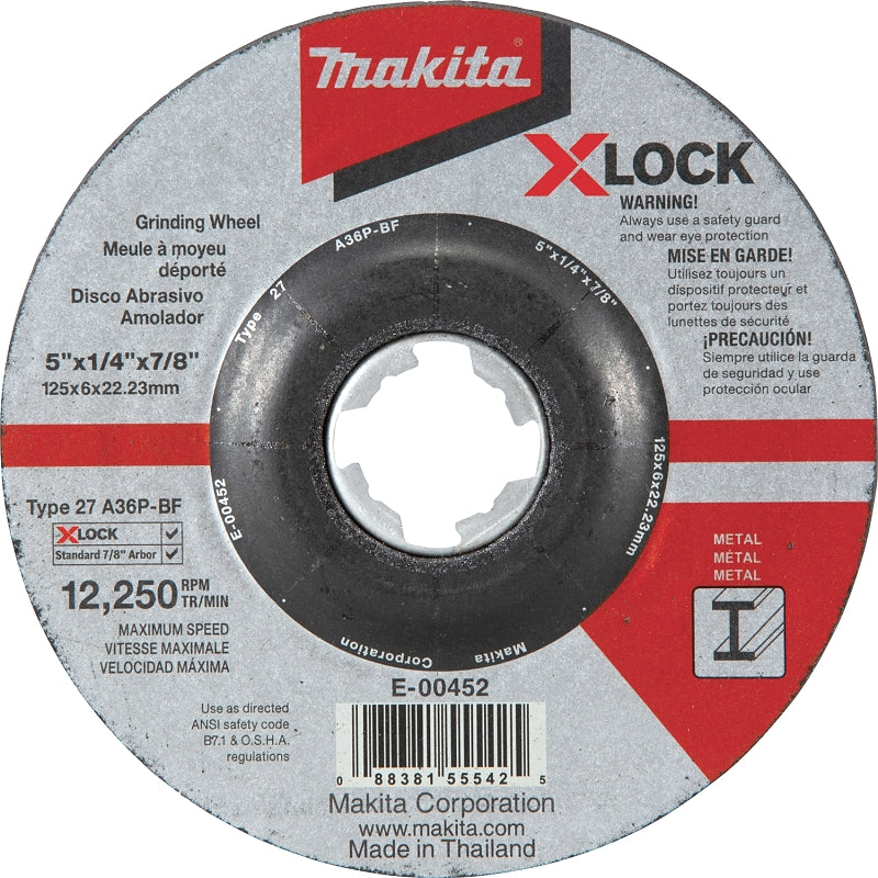 MAKITA Makita X-LOCK E-00452 Grinding Wheel, 5 in Dia, 1/4 in Thick, 7/8 in Arbor, 36 Grit, Coarse, Aluminum Oxide Abrasive