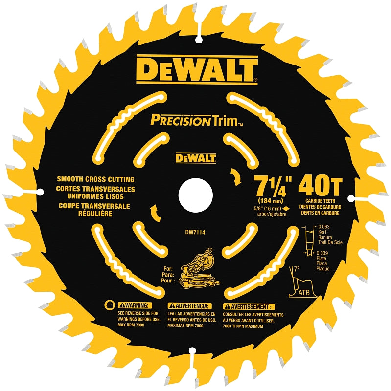 DEWALT DEWALT DW7114PT Miter Saw Blade, 7-1/4 in Dia, 40-Teeth, Carbide Cutting Edge TOOLS DEWALT