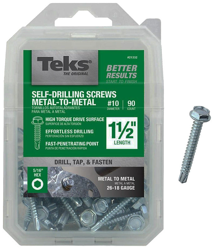 TEKS Teks 21332 Screw, #10 Thread, 1-1/2 in L, Coarse Thread, Hex Drive, Self-Drilling, Self-Tapping Point, Steel, Zinc