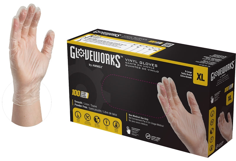 AMMEX Gloveworks IVPF48100 Disposable Gloves, XL, 235 mm L, Vinyl, Clear, Powder-Free