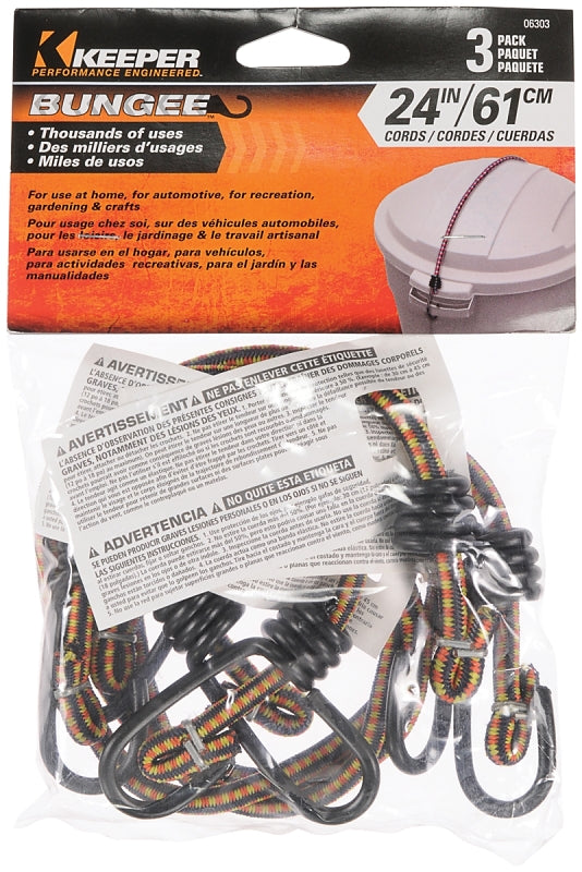 KEEPER Keeper 06303 Bungee Cord, Steel End, 24 in L, Rubber, Hook End, 3/PK AUTOMOTIVE KEEPER