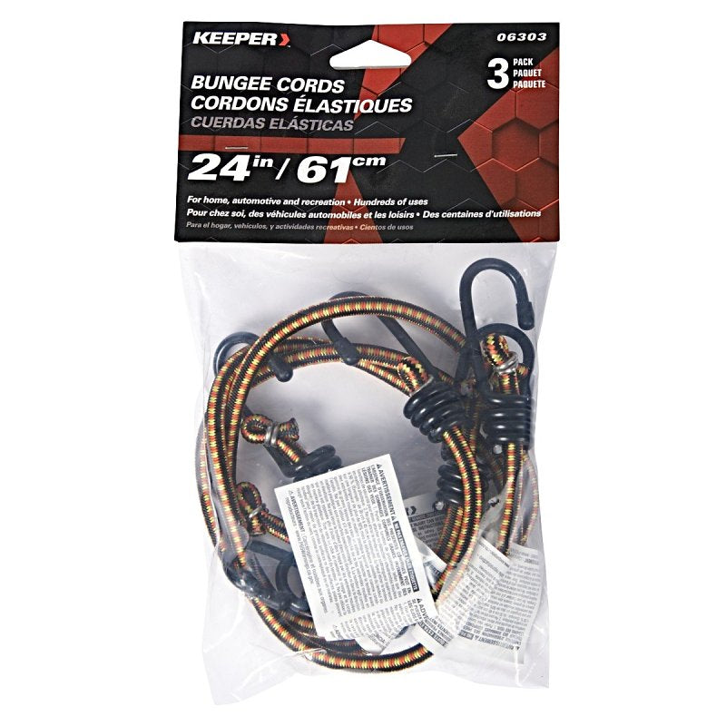 KEEPER Keeper 06303 Bungee Cord, Steel End, 24 in L, Rubber, Hook End, 3/PK
