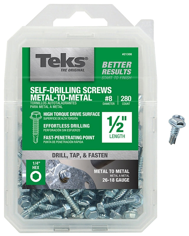 TEKS Teks 21308 Screw, #8 Thread, 1/2 in L, Coarse Thread, Hex Drive, Self-Drilling, Self-Tapping Point, Steel, Zinc, 280 PK