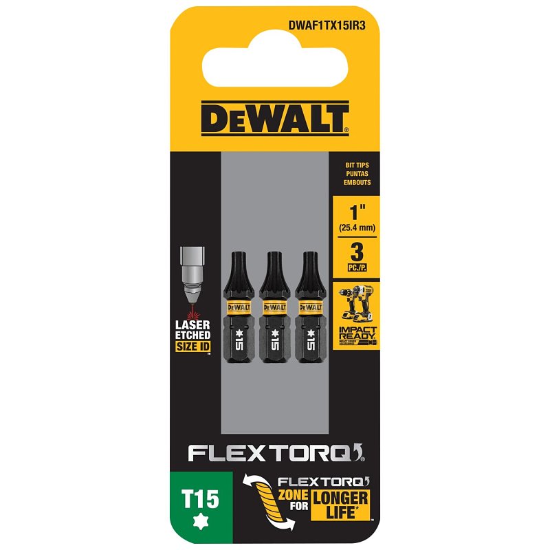 DEWALT DEWALT FlexTorq DWAF1TX15IR3 Screwdriver Bit, T15 Drive, Torx Drive, 1/4 in Shank, Hex Shank, 1 in L, Steel