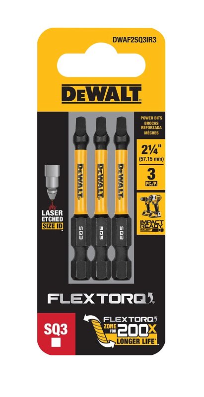 DEWALT DEWALT FLEXTORQ DWAF2SQ3IR3 Impact Screwdriving Bit, #3 Drive, Square Drive, 1/4 in Shank, Hex Shank, 2-1/4 in L