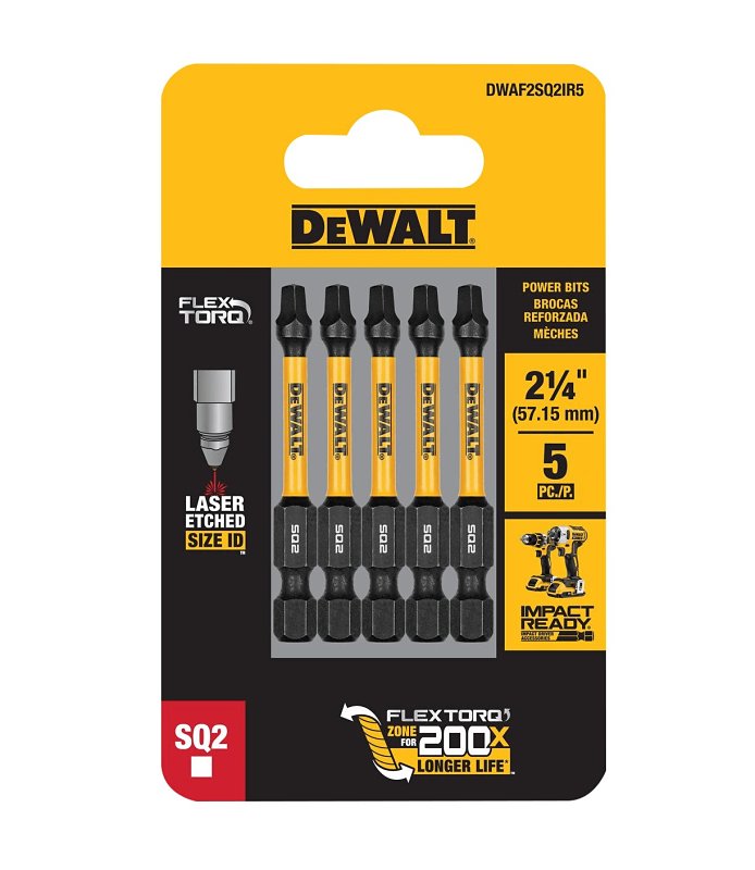 DEWALT DEWALT FlexTorq, IMPACT READY Series DWA2SQ2IR5 Screwdriver Bit, #2 Drive, Square Drive, 1/4 in Shank, 2-1/4 in L, HSS