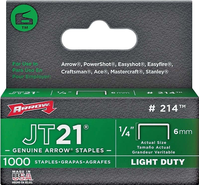 ARROW Arrow JT21 Series 214 Staple, 1/4 in W Crown, 1/4 in L Leg, Steel, Galvanized, 0.03 ga