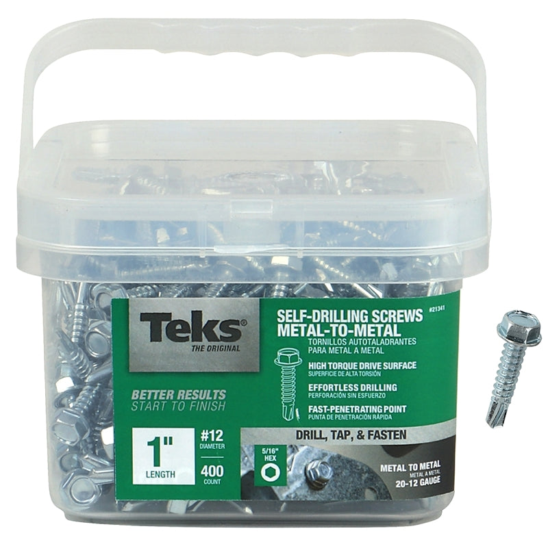 TEKS Teks 21341 Screw, #12 Thread, 1 in L, Hex Drive, Self-Drilling, Self-Tapping Point, Steel, Zinc, 400 PAIL