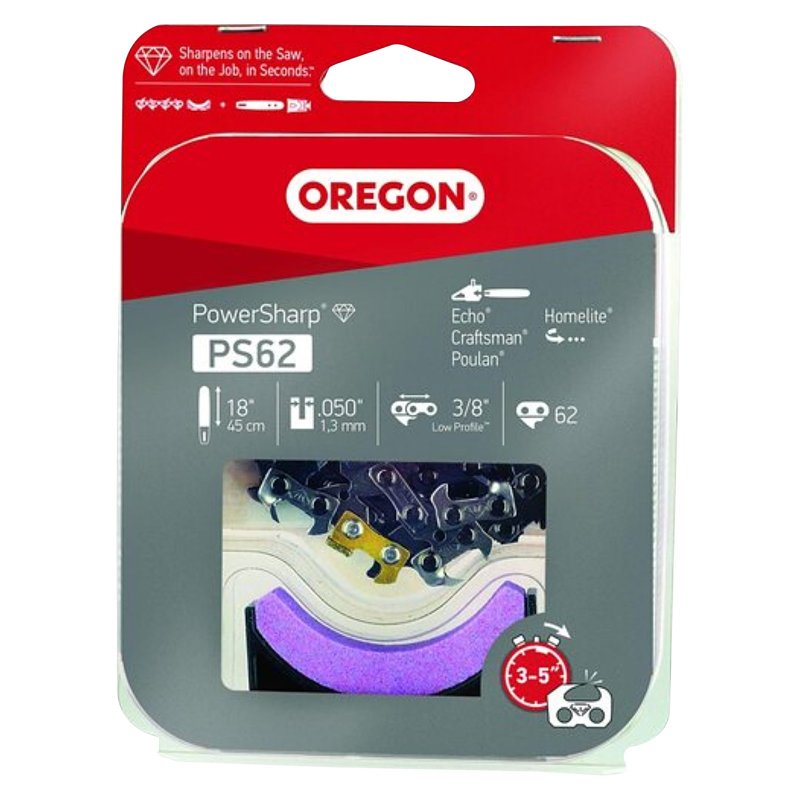 OREGON Oregon PS62 Replacement Chain with Sharpening Stone, 18 in L Bar, 0.05 Gauge, 3/8 in TPI/Pitch, 62-Link OUTDOOR LIVING & POWER EQUIPMENT OREGON