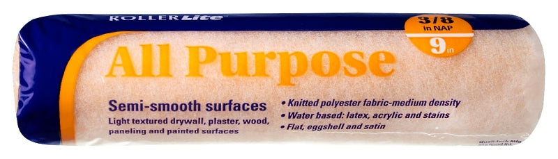 ROLLERLITE RollerLite All Purpose 9AP038 Roller Cover, 3/8 in Thick Nap, 9 in L, Polyester Cover, Yellow PAINT ROLLERLITE