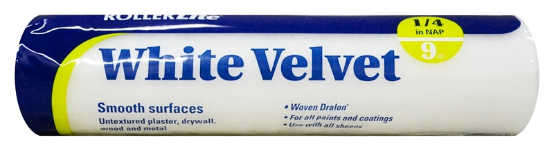 ROLLERLITE RollerLite White Velvet 9WV025 Roller Cover, 1/4 in Thick Nap, 9 in L, Dralon Cover, White