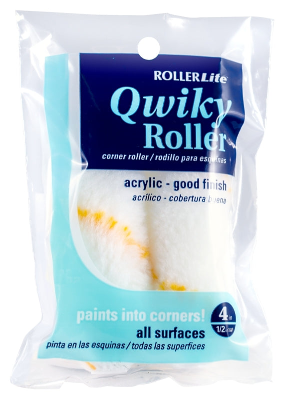 ROLLERLITE RollerLite Qwiky Roller 4CR050QD Mini Roller Cover Refill, 1/2 in Thick Nap, 4 in L, Acrylic Cover, White