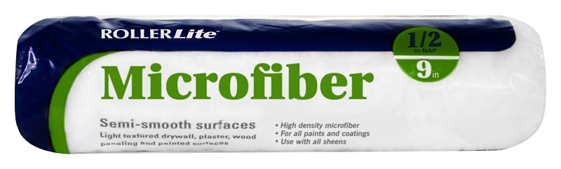 ROLLERLITE RollerLite 9MF8050 Roller Cover, 1/2 in Thick Nap, 9 in L, Microfiber Cover, White PAINT ROLLERLITE