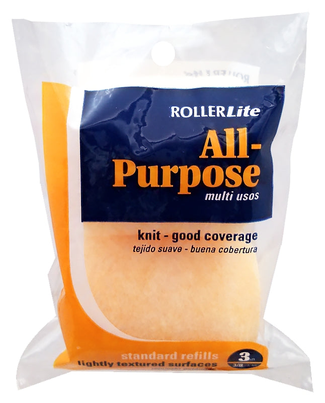 ROLLERLITE RollerLite All Purpose 3SC038D Trim Roller Cover, 3/8 in Thick Nap, 3 in L, Polyester Knit Fabric Cover, Yellow PAINT ROLLERLITE