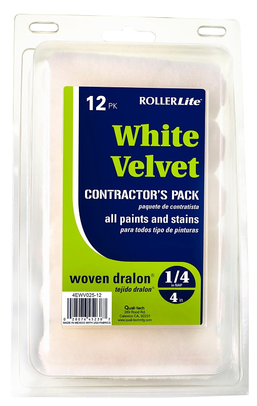 ROLLERLITE RollerLite White Velvet 4EWV025-12 Mini Roller Cover, 1/4 in Thick Nap, 4 in L, Dralon Fabric Cover, White PAINT ROLLERLITE