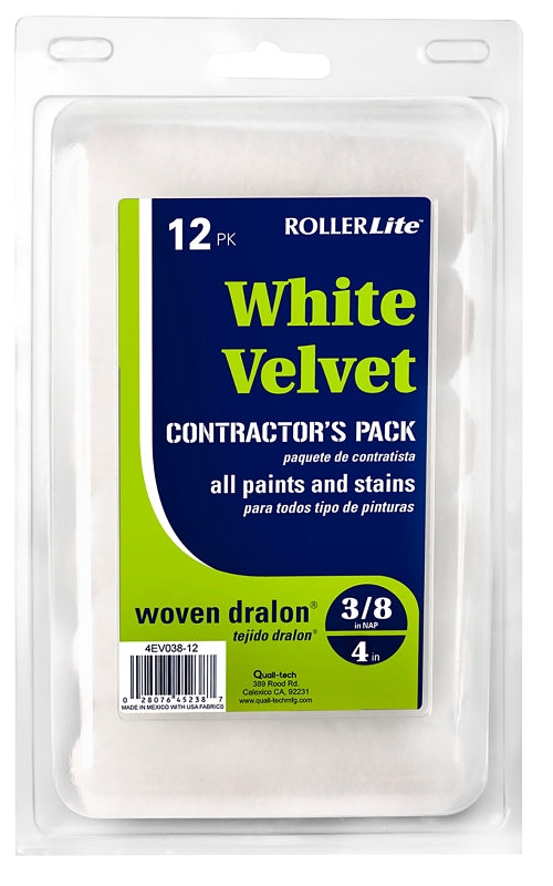 ROLLERLITE RollerLite White Velvet 4EWV038-12 Mini Roller Cover, 3/8 in Thick Nap, 4 in L, Dralon Fabric Cover, White