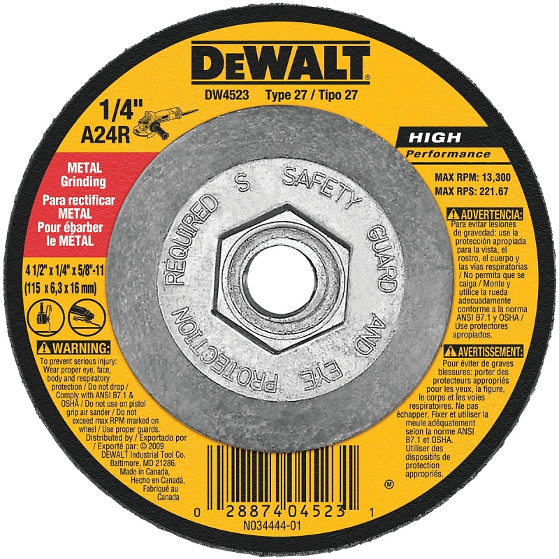 DEWALT DEWALT DW4523 Grinding Wheel, 4-1/2 in Dia, 1/4 in Thick, 5/8-11 in Arbor, 24 Grit, Very Coarse, Aluminum Oxide Abrasive