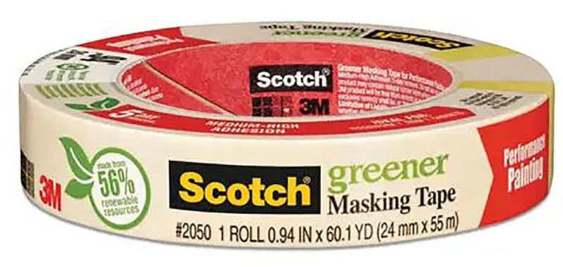SCOTCH Scotch Greener 2050-24A Masking Tape, 60.1 yd L, 0.94 in W, Paper Backing, Beige